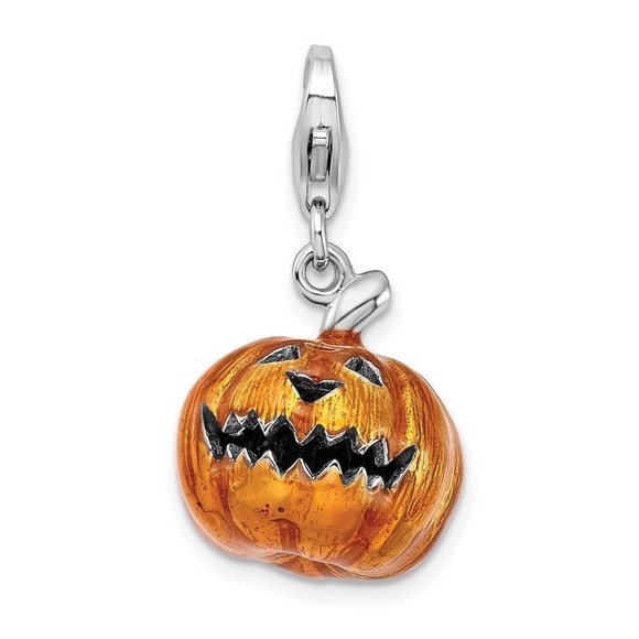 925 Sterling Silver 3-D Enameled Jack o Lantern Bracelet Charm Lobster Clasp
